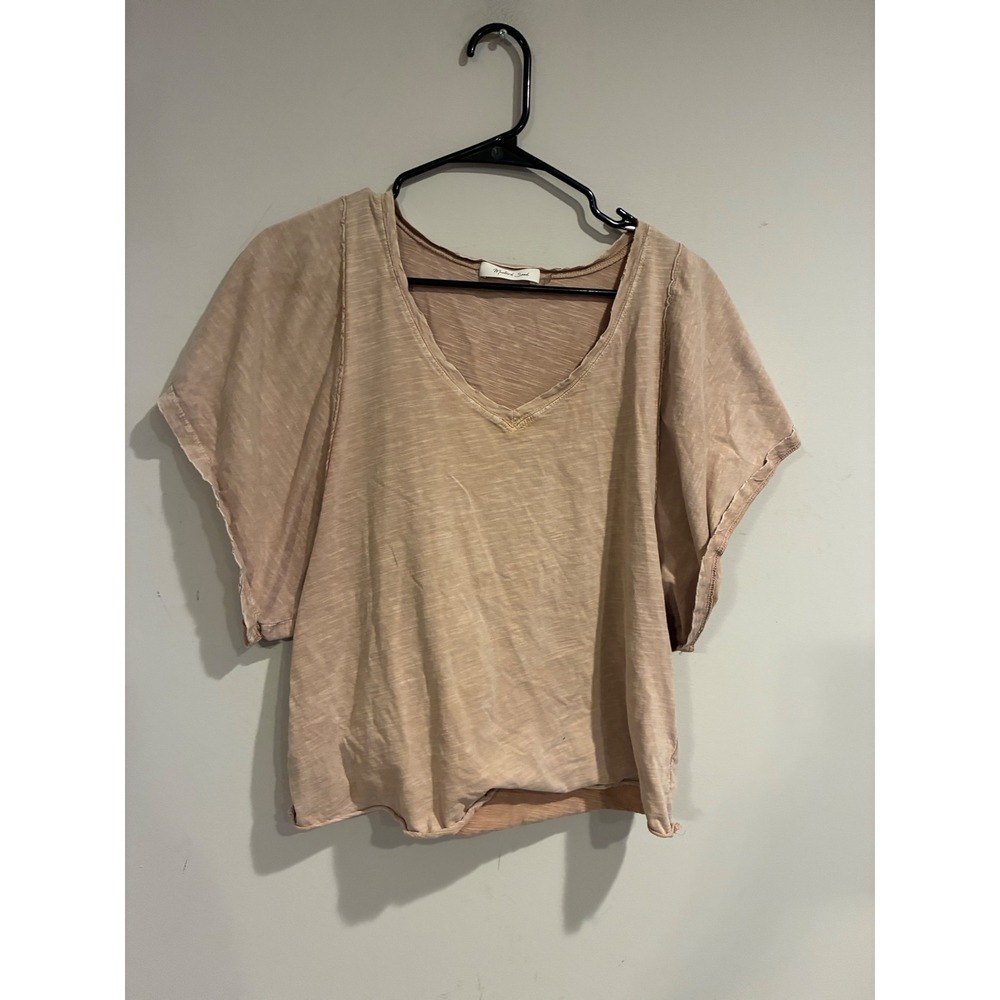 Mustard Seed Womens Tan Slub Cotton V-Neck Butterfly Sleeve‎ Top  Small